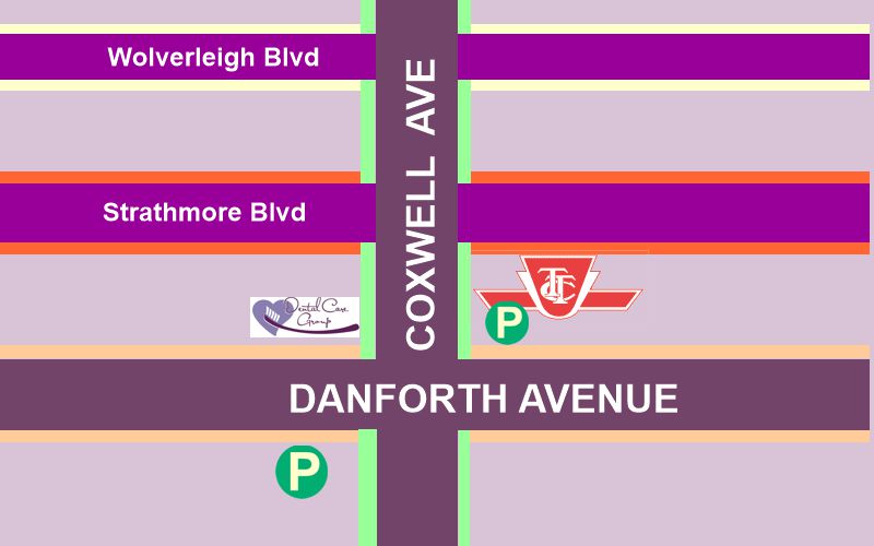 Dental Care Group on the Danforth Dentists - location, Subway Access and free parking map